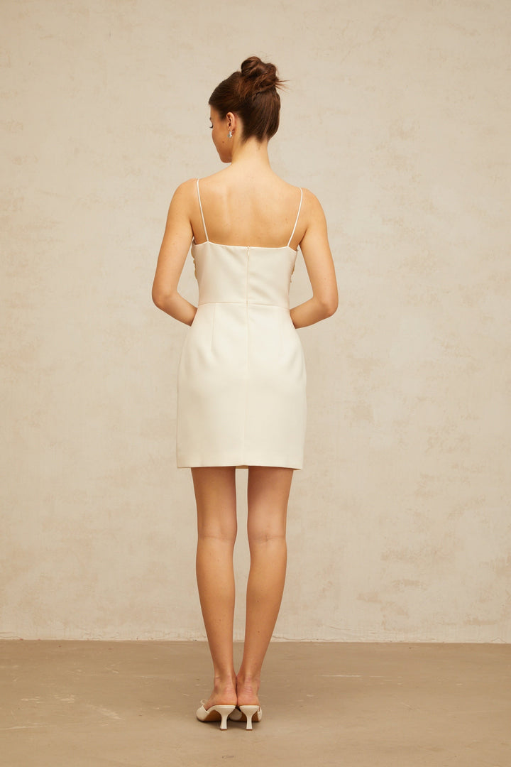 Xavière white V-neck 3d-petal mini dress - Celestia Couture