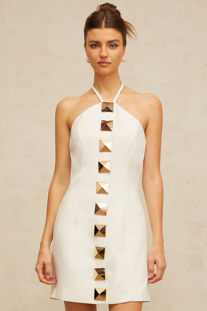 Annabelle white halterneck A-line mini dress - Celestia Couture