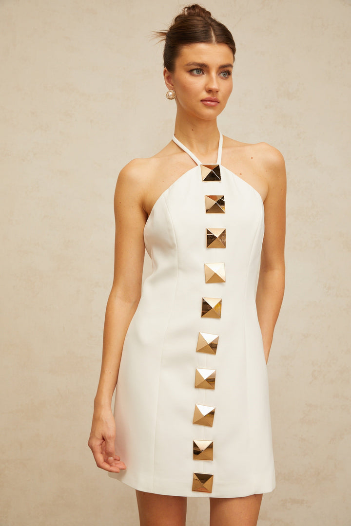 Annabelle white halterneck A-line mini dress - Celestia Couture