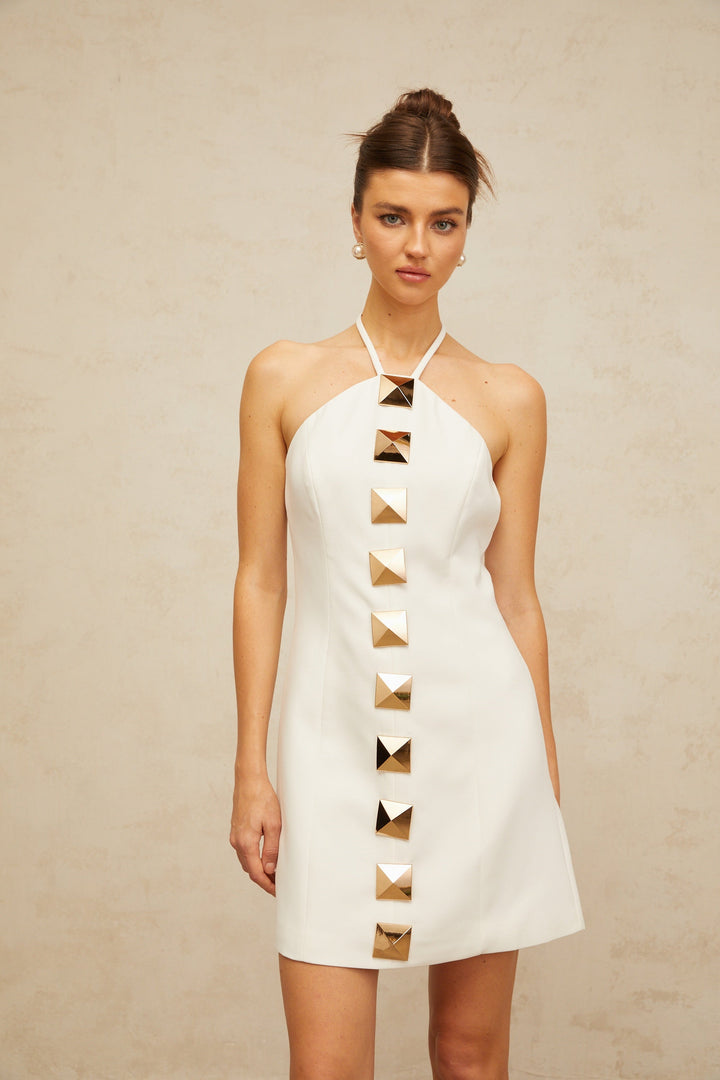 Annabelle white halterneck A-line mini dress - Celestia Couture