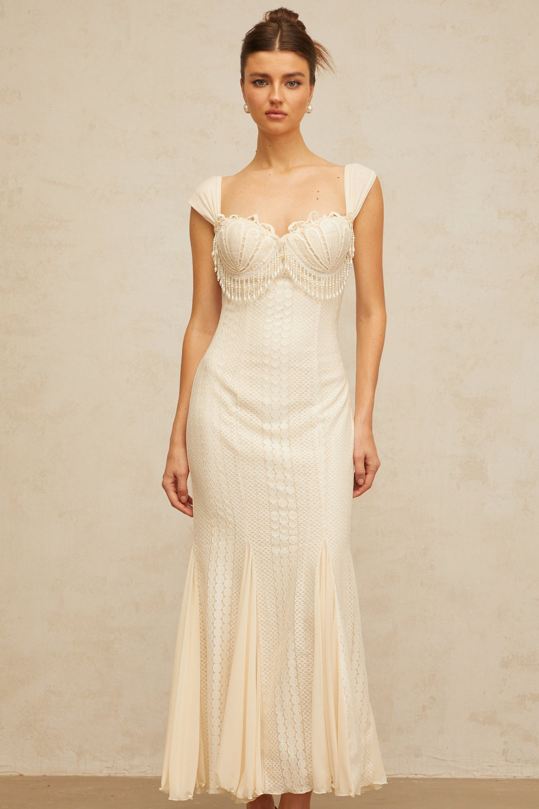 Calliopée cream-white embellished flared maxi dress - Celestia Couture