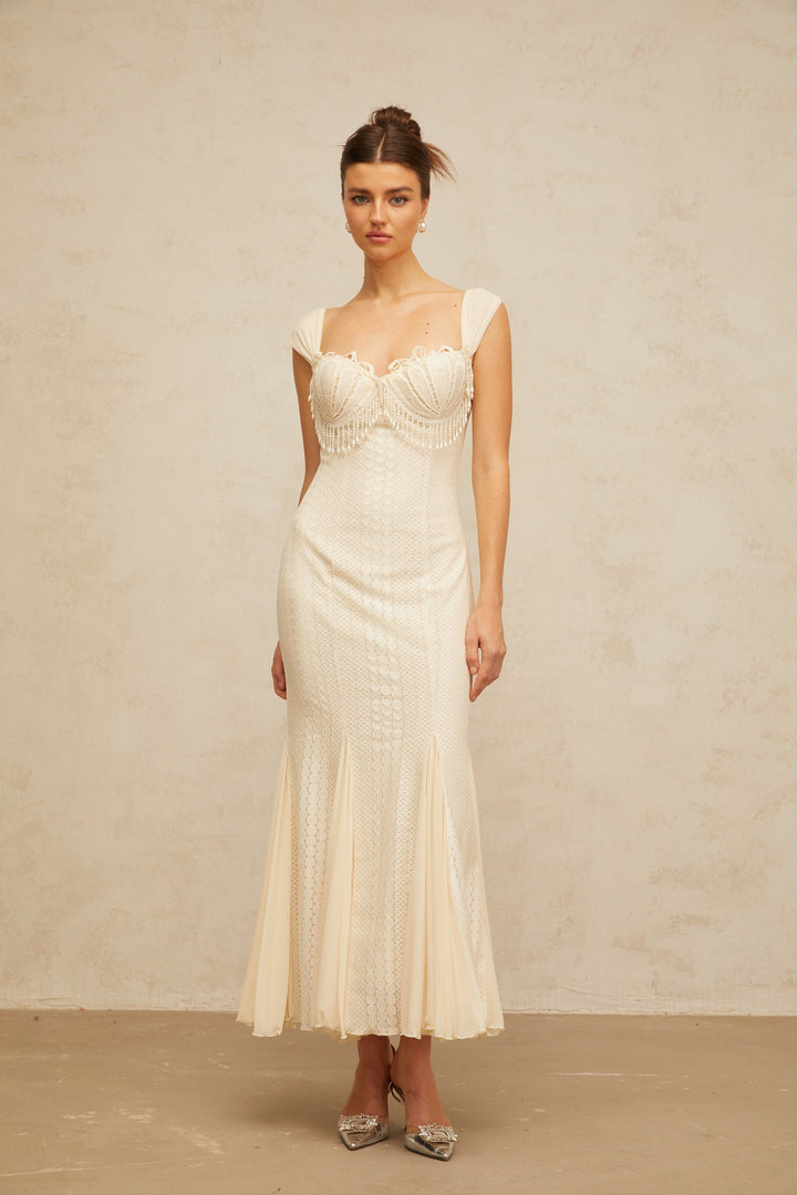 Calliopée cream-white embellished flared maxi dress - Celestia Couture