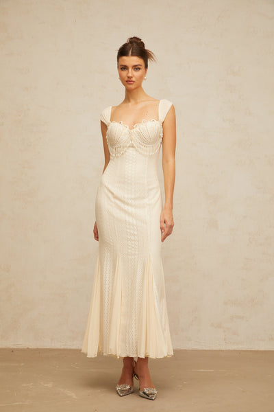 Calliopée cream-white embellished flared maxi dress