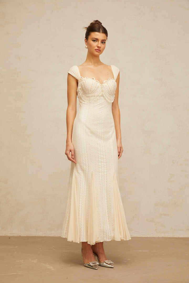 Calliopée cream-white embellished flared maxi dress - Celestia Couture