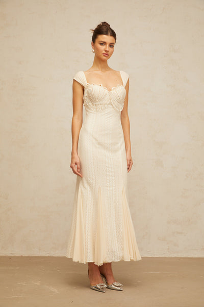 Calliopée cream-white embellished flared maxi dress