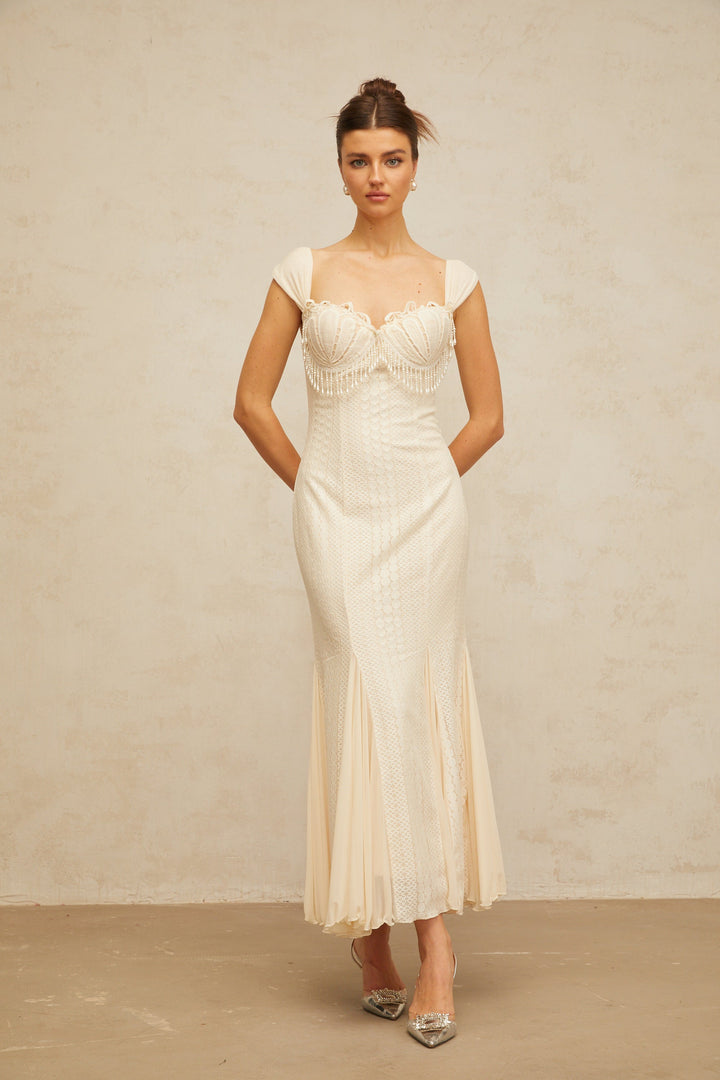 Calliopée cream-white embellished flared maxi dress - Celestia Couture