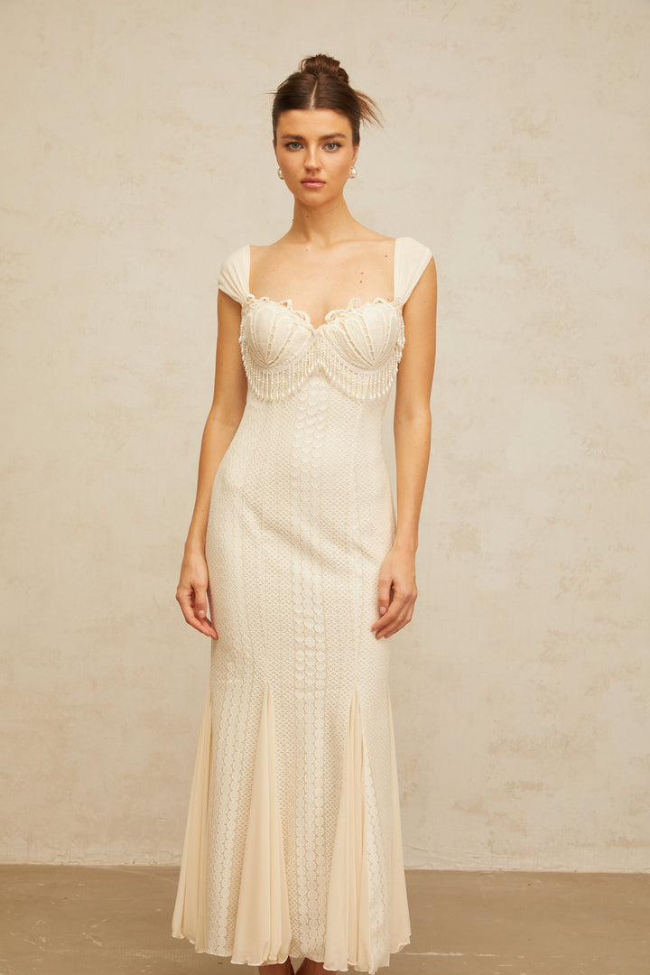 Calliopée cream-white embellished flared maxi dress - Celestia Couture