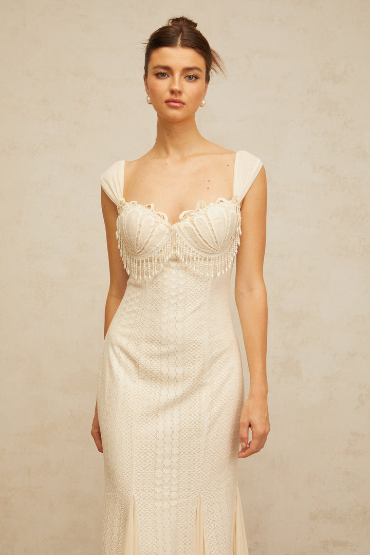 Calliopée cream-white embellished flared maxi dress - Celestia Couture