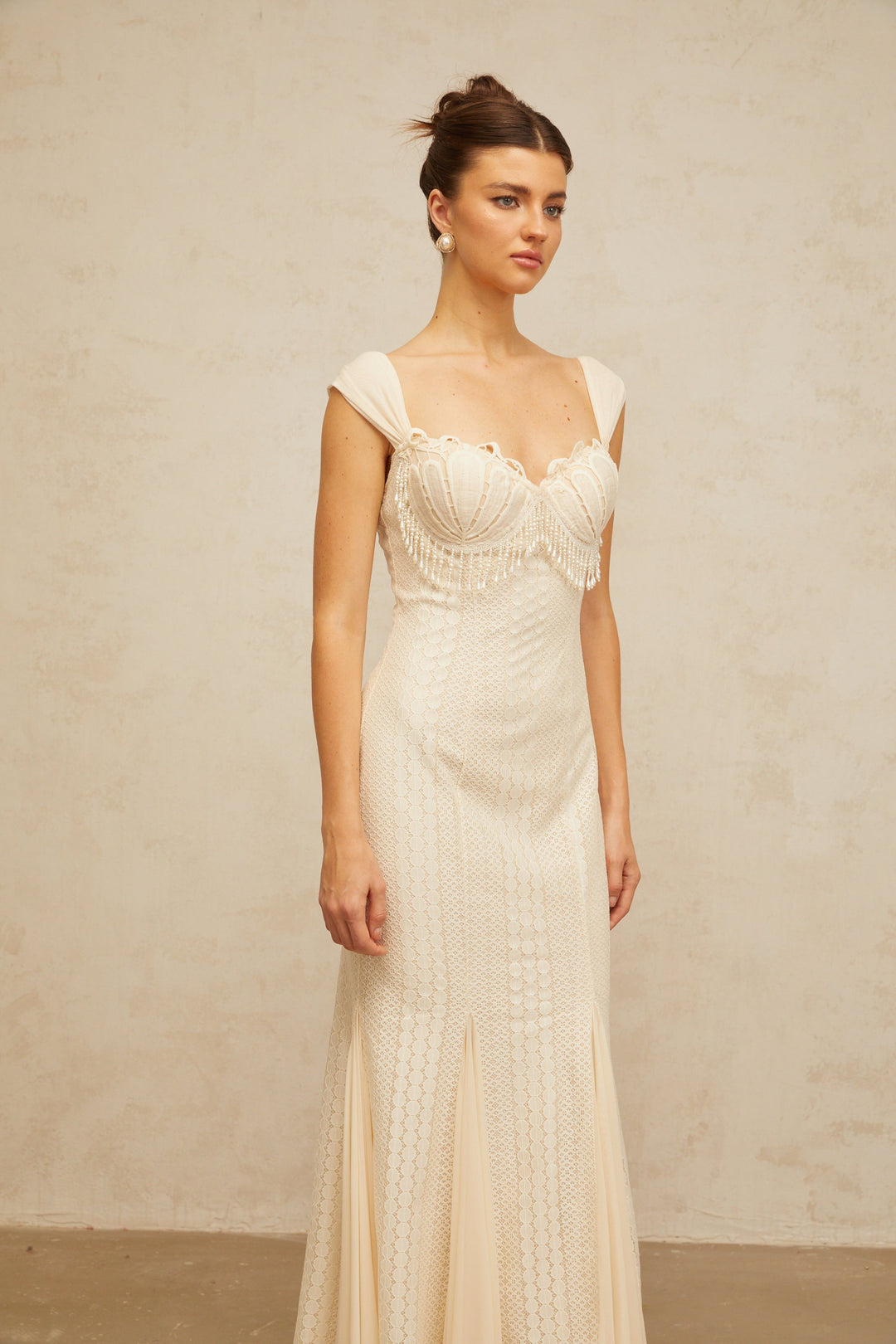 Calliopée cream-white embellished flared maxi dress - Celestia Couture