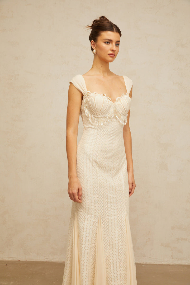 Calliopée cream-white embellished flared maxi dress - Celestia Couture