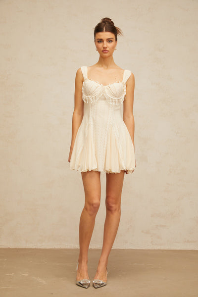 Calliopée cream-white embellished flared mini dress