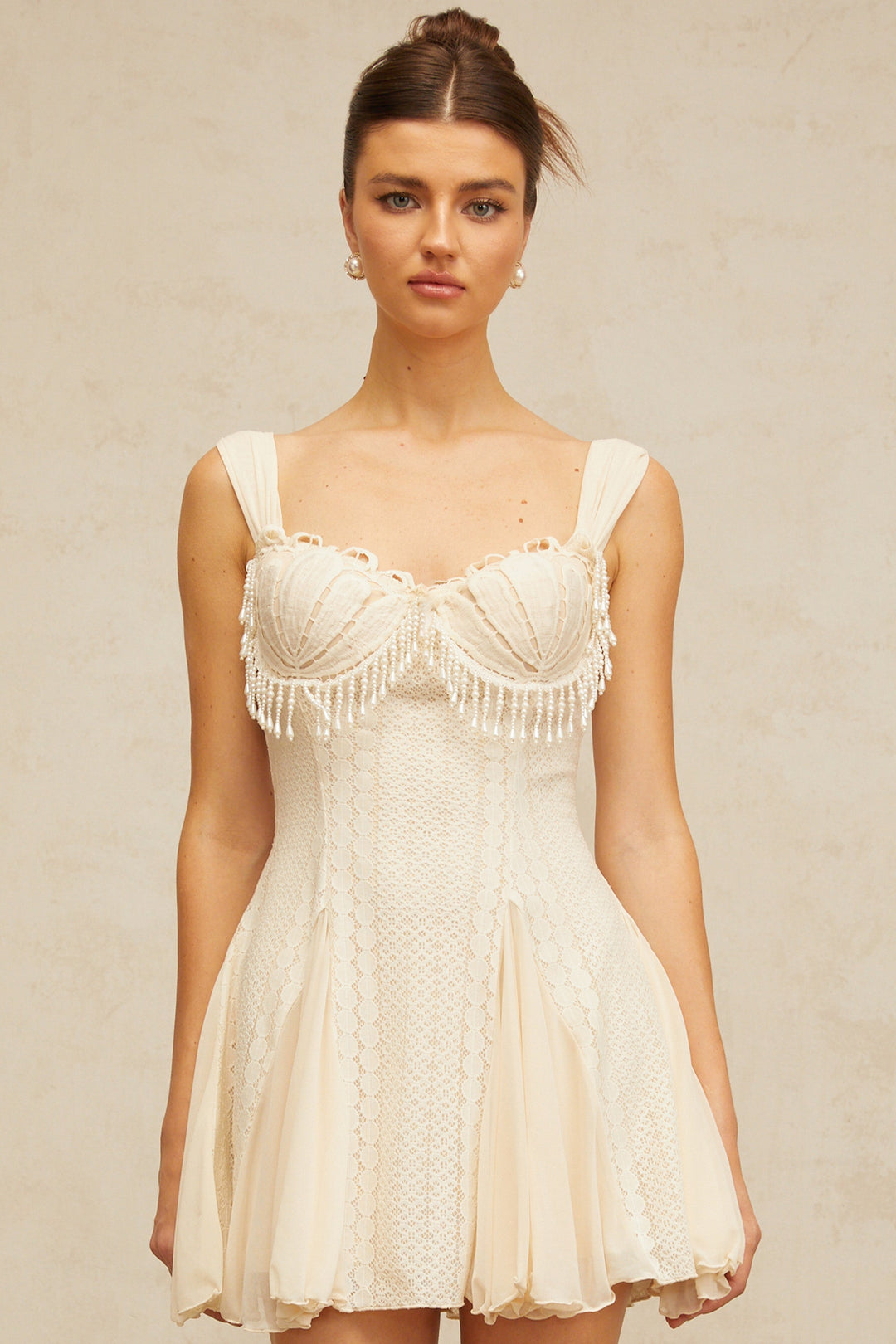 Calliopée cream-white embellished flared mini dress - Celestia Couture