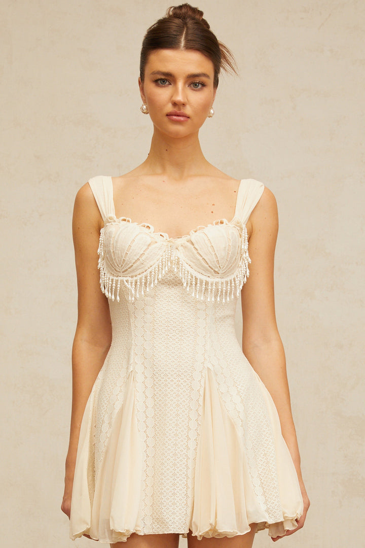 Calliopée cream-white embellished flared mini dress - Celestia Couture