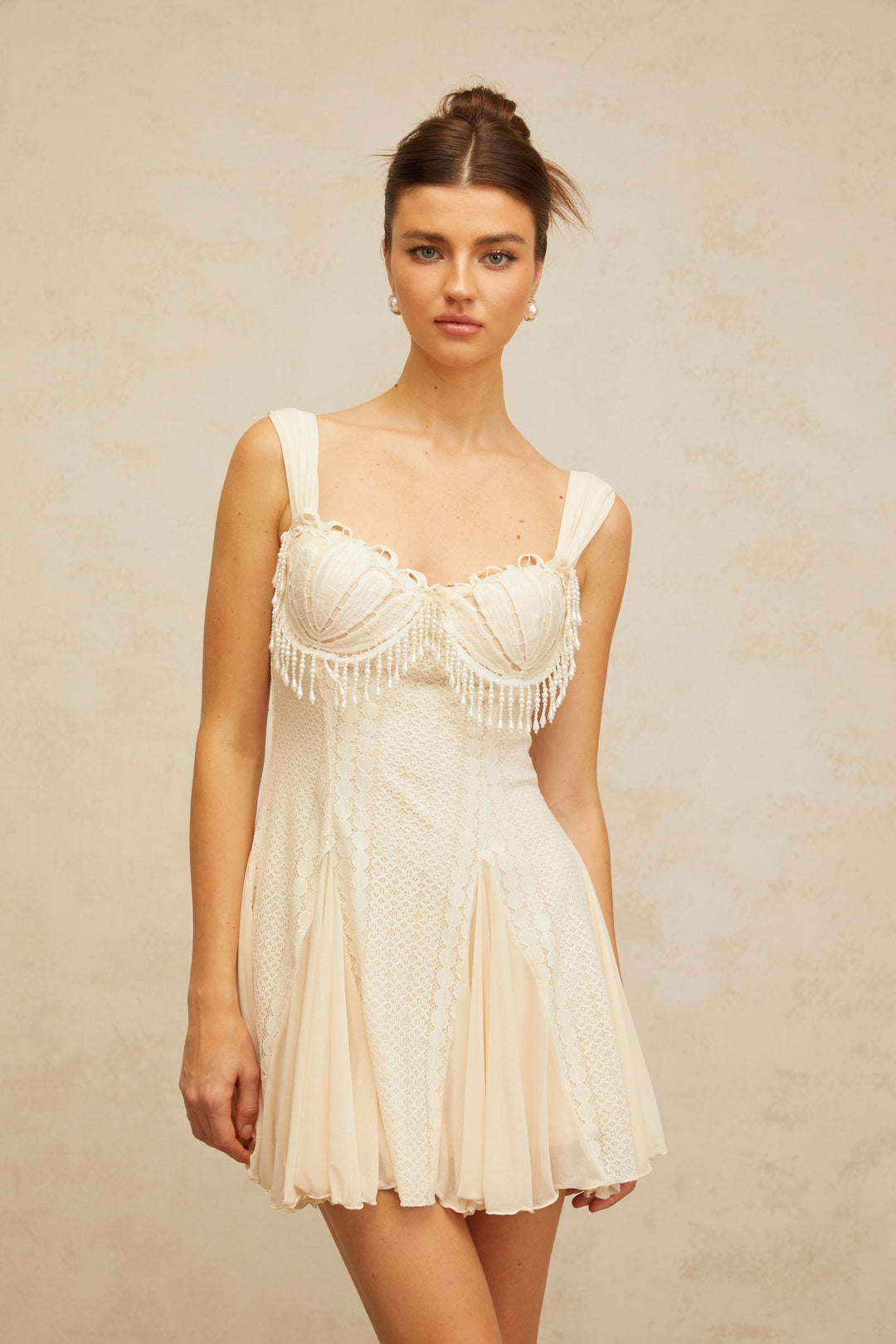 Calliopée cream-white embellished flared mini dress - Celestia Couture
