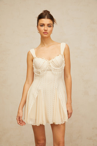 Calliopée cream-white embellished flared mini dress