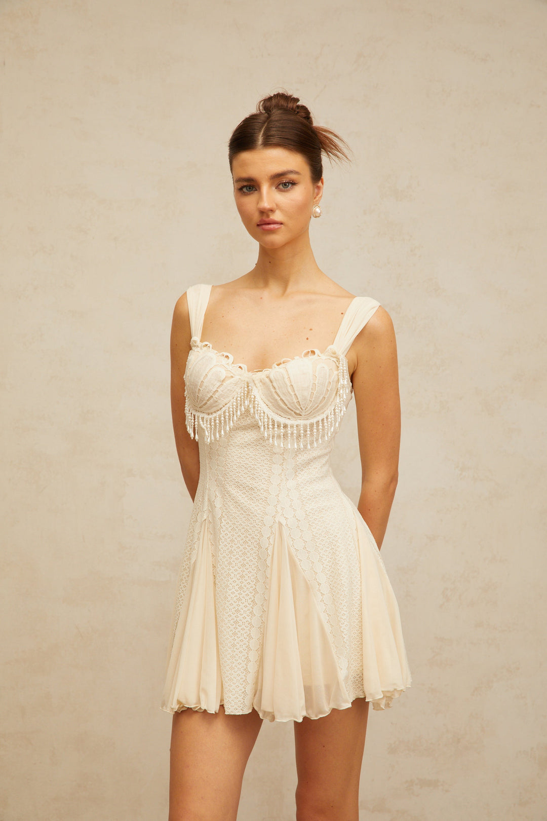 Calliopée cream-white embellished flared mini dress - Celestia Couture