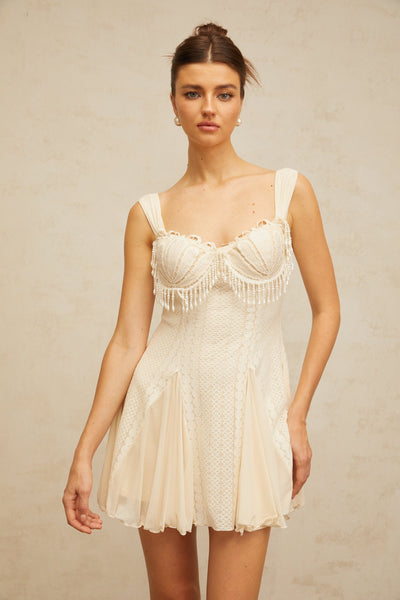 Calliopée cream-white embellished flared mini dress