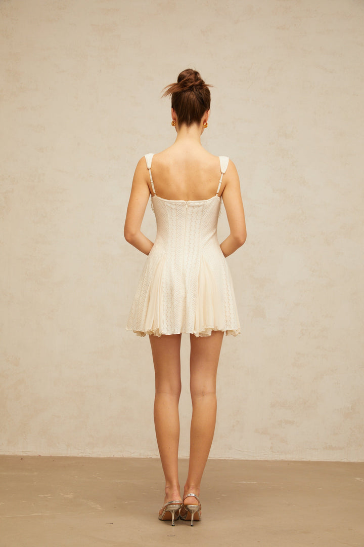 Calliopée cream-white embellished flared mini dress - Celestia Couture