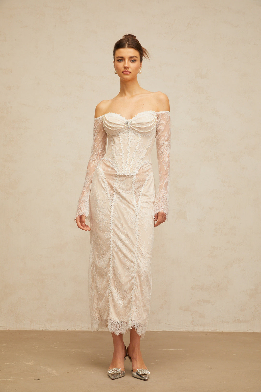 Énora white embellished floral-lace midi dress - Celestia Couture