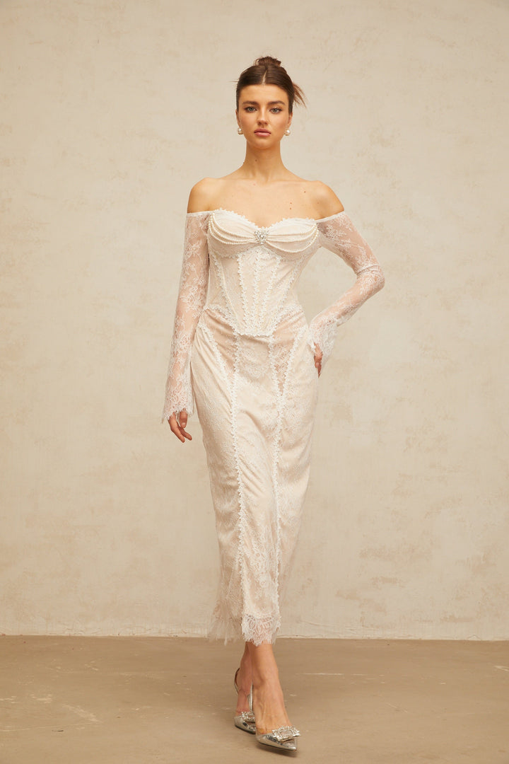 Énora white embellished floral-lace midi dress - Celestia Couture