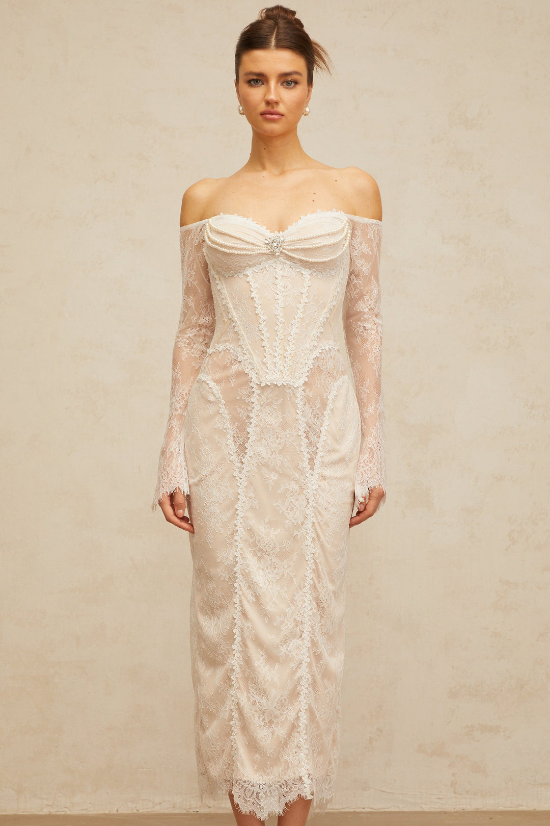 Énora white embellished floral-lace midi dress - Celestia Couture