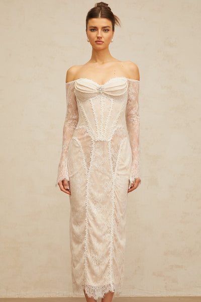 Énora white embellished floral-lace midi dress