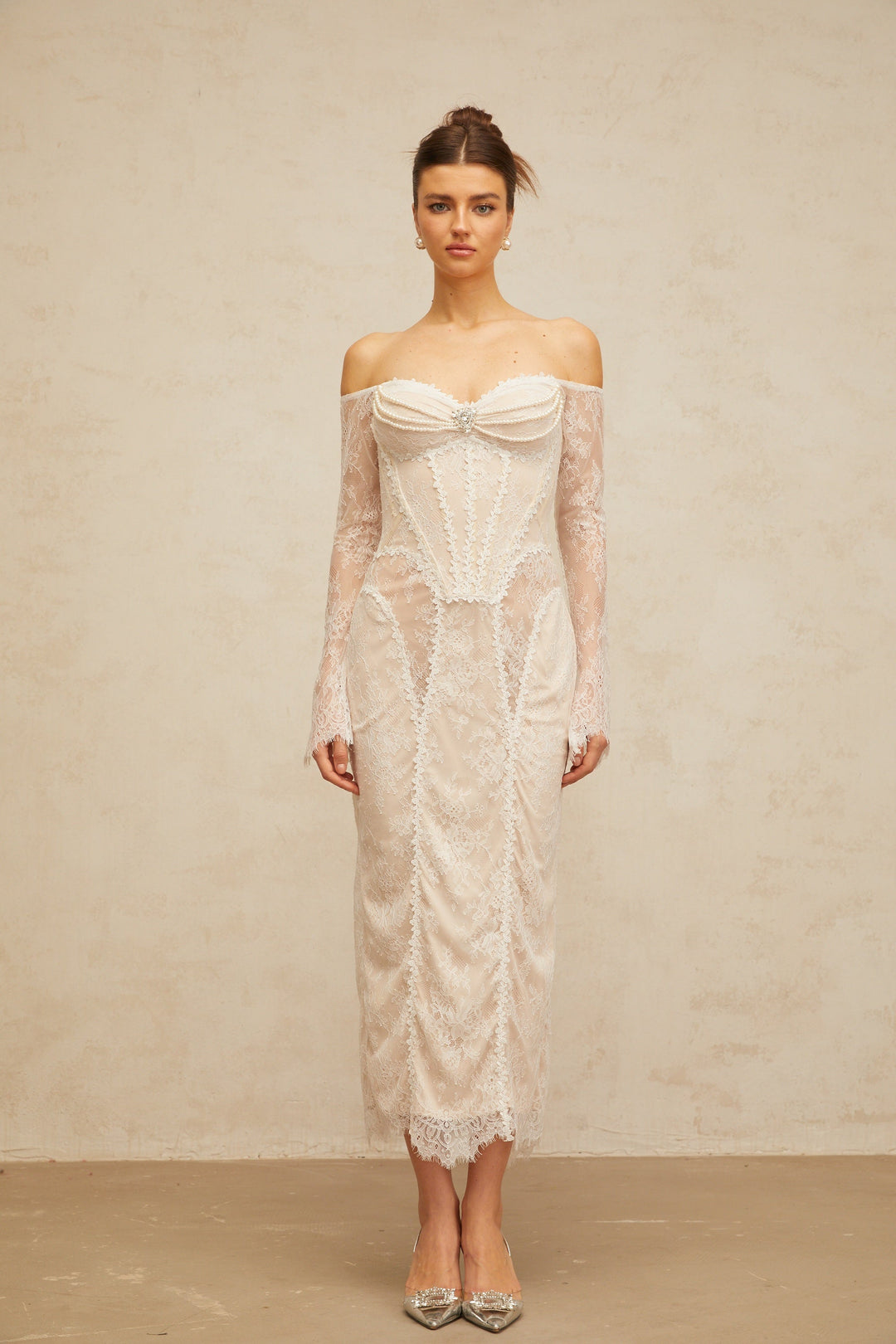 Énora white embellished floral-lace midi dress - Celestia Couture