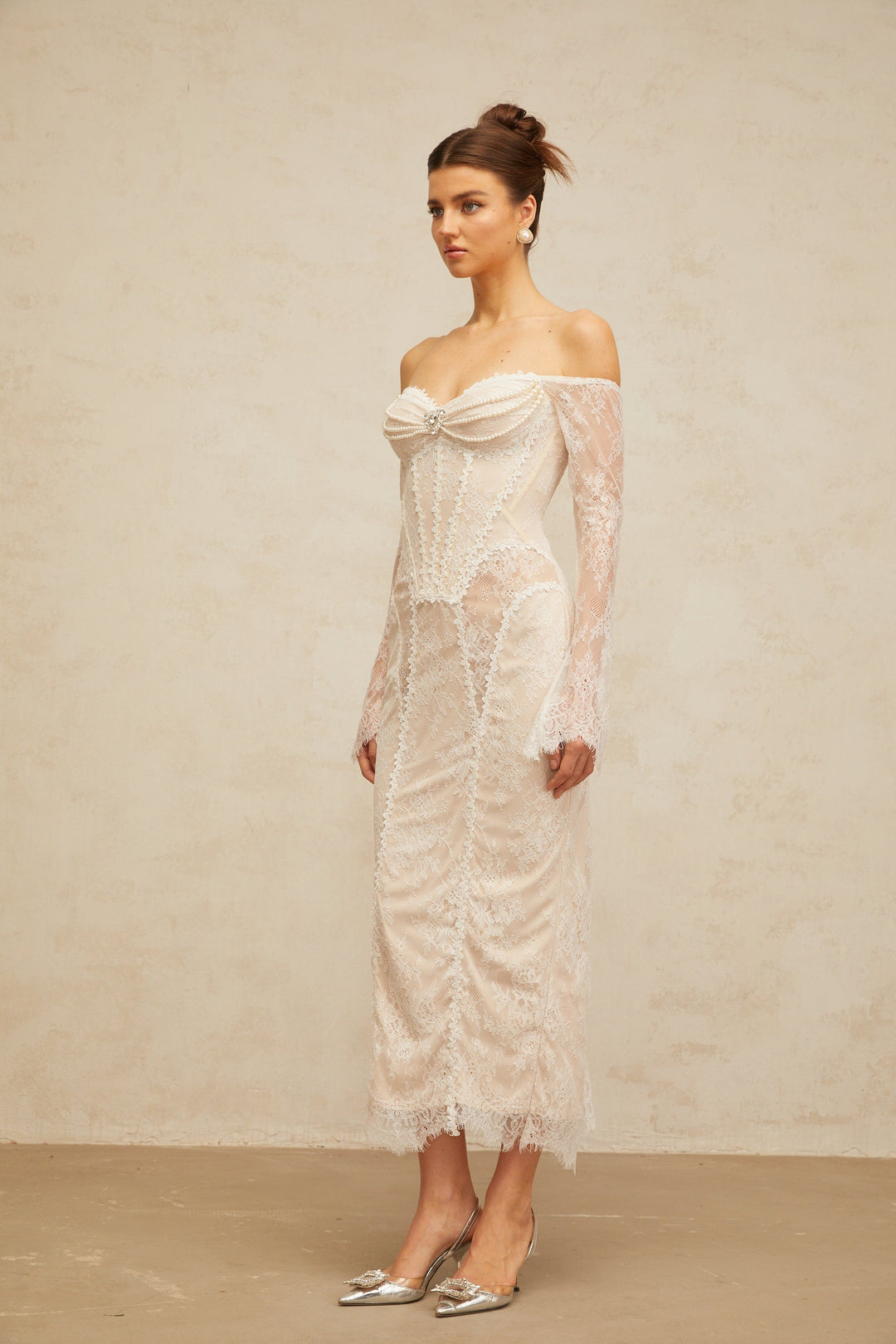 Énora white embellished floral-lace midi dress - Celestia Couture