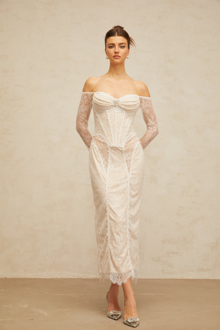 Énora white embellished floral-lace midi dress - Celestia Couture