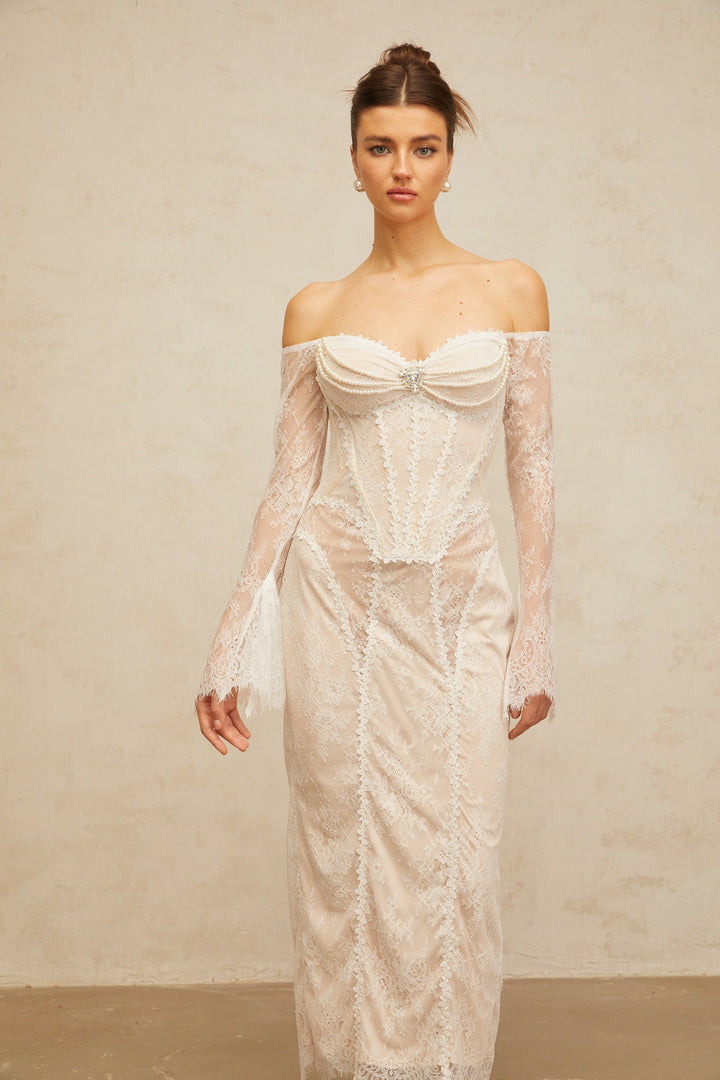 Énora white embellished floral-lace midi dress - Celestia Couture