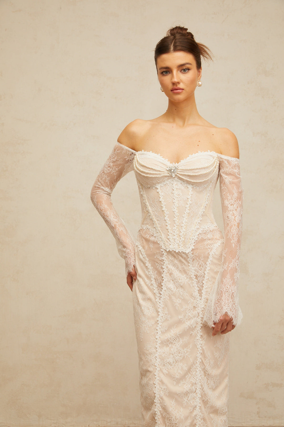Énora white embellished floral-lace midi dress - Celestia Couture