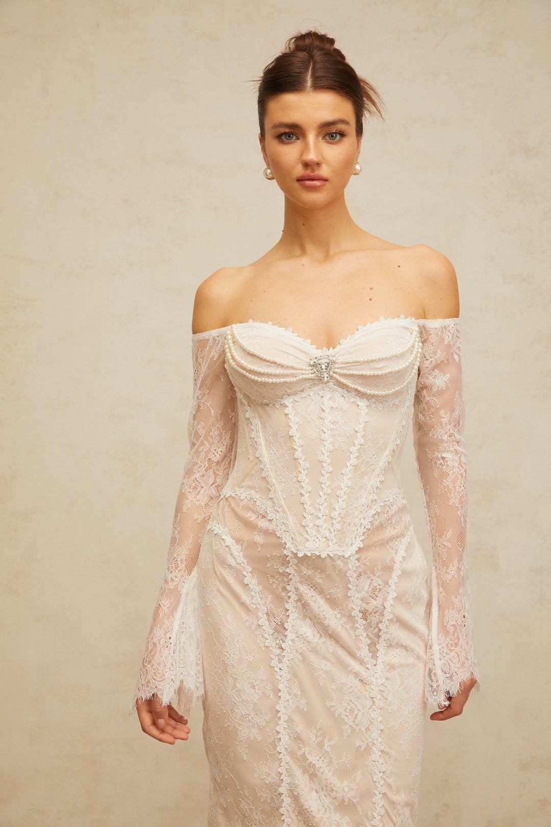 Énora white embellished floral-lace midi dress - Celestia Couture
