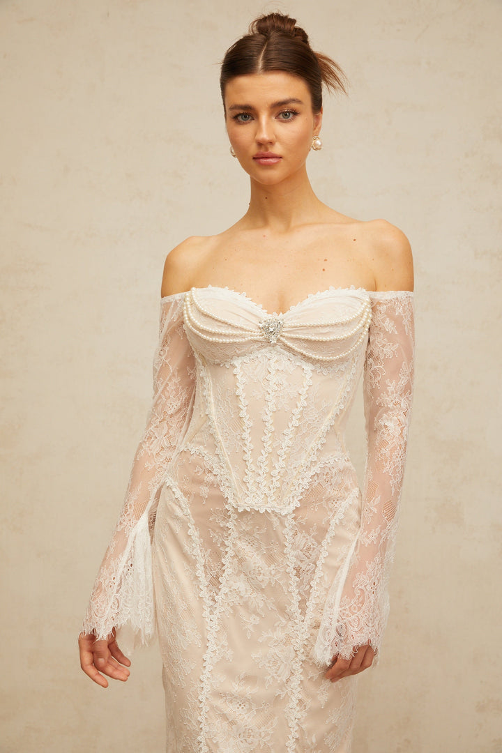 Énora white embellished floral-lace midi dress - Celestia Couture