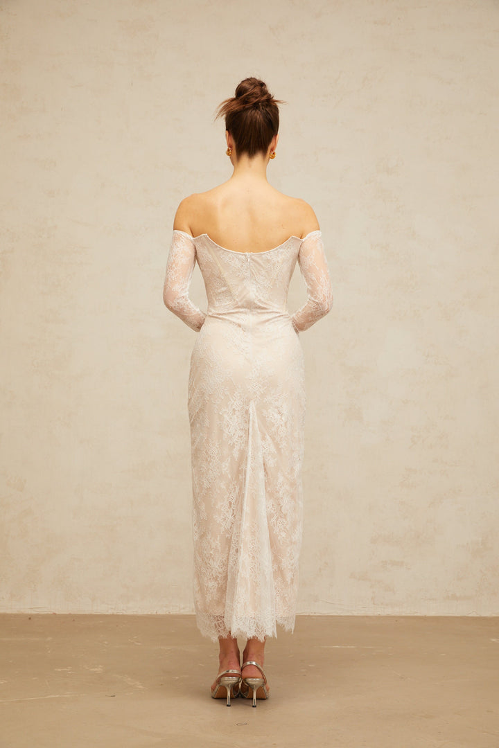 Énora white embellished floral-lace midi dress - Celestia Couture