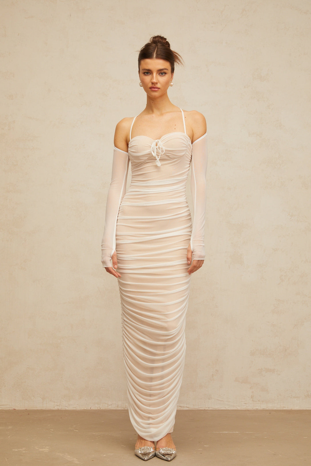 Ulysse white ruched bustier tulle maxi dress - Celestia Couture