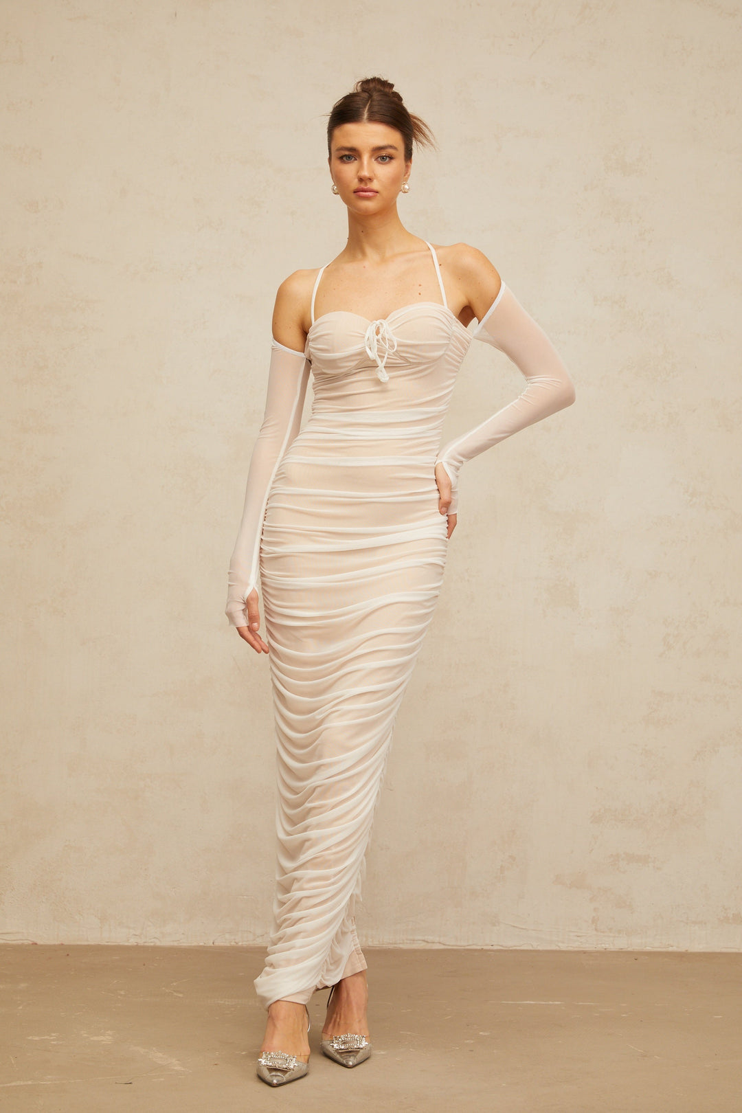 Ulysse white ruched bustier tulle maxi dress - Celestia Couture
