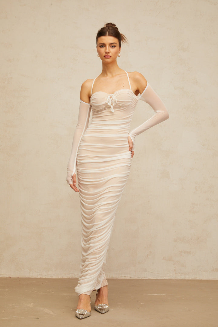 Ulysse white ruched bustier tulle maxi dress - Celestia Couture
