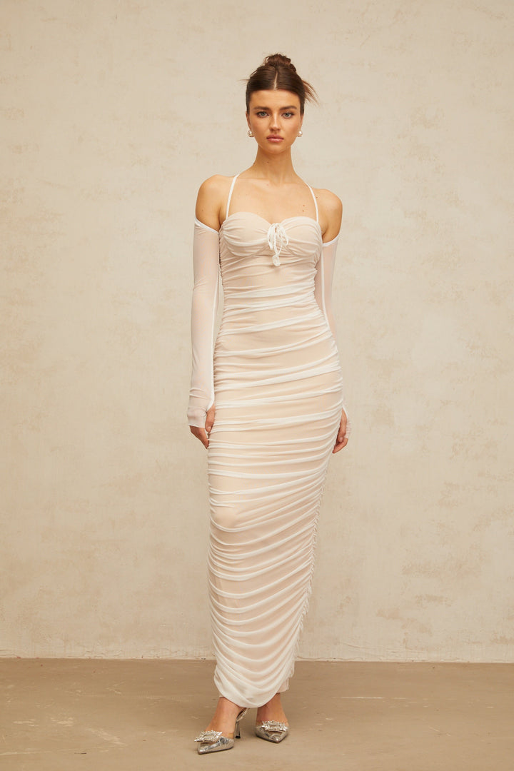 Ulysse white ruched bustier tulle maxi dress - Celestia Couture