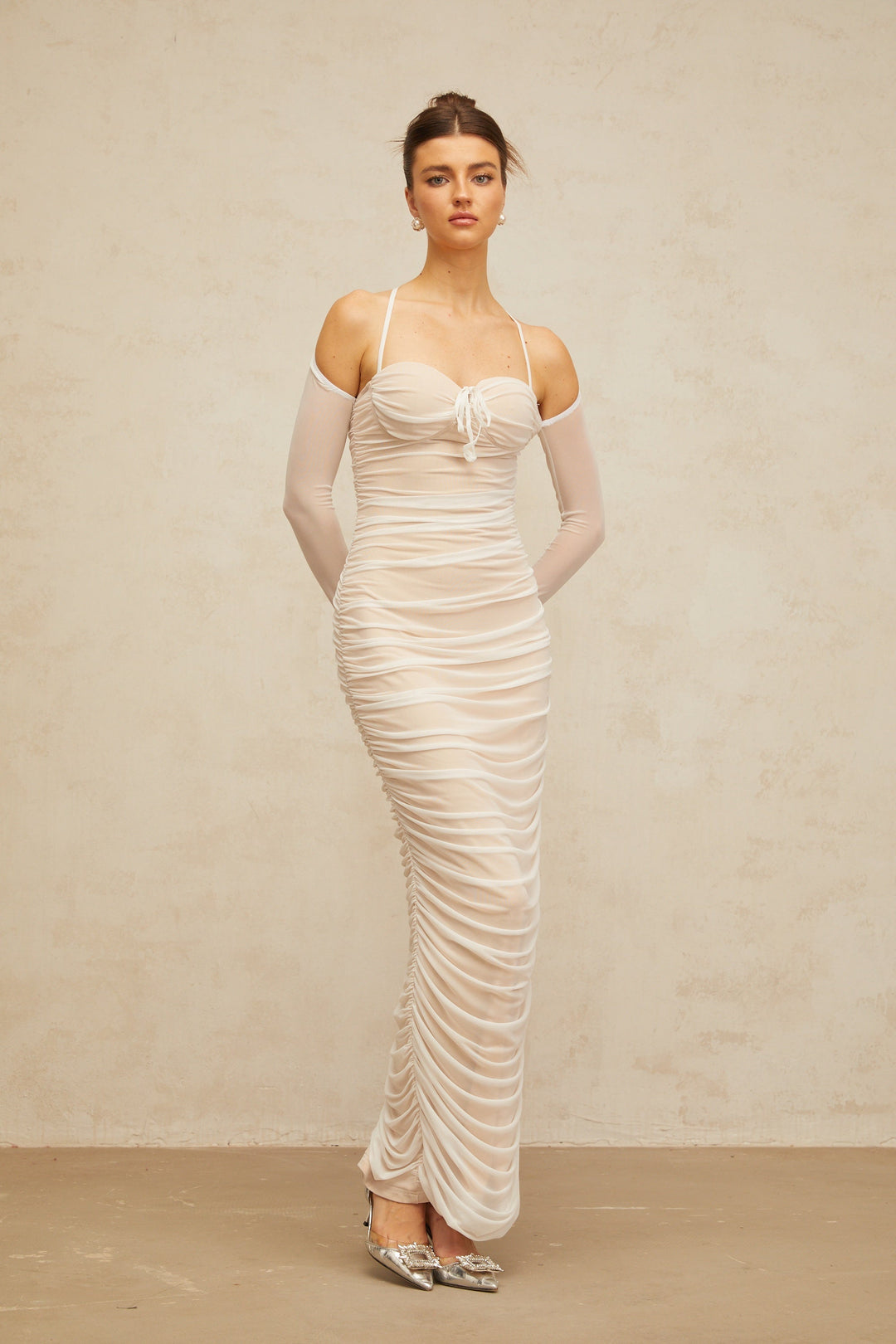 Ulysse white ruched bustier tulle maxi dress - Celestia Couture