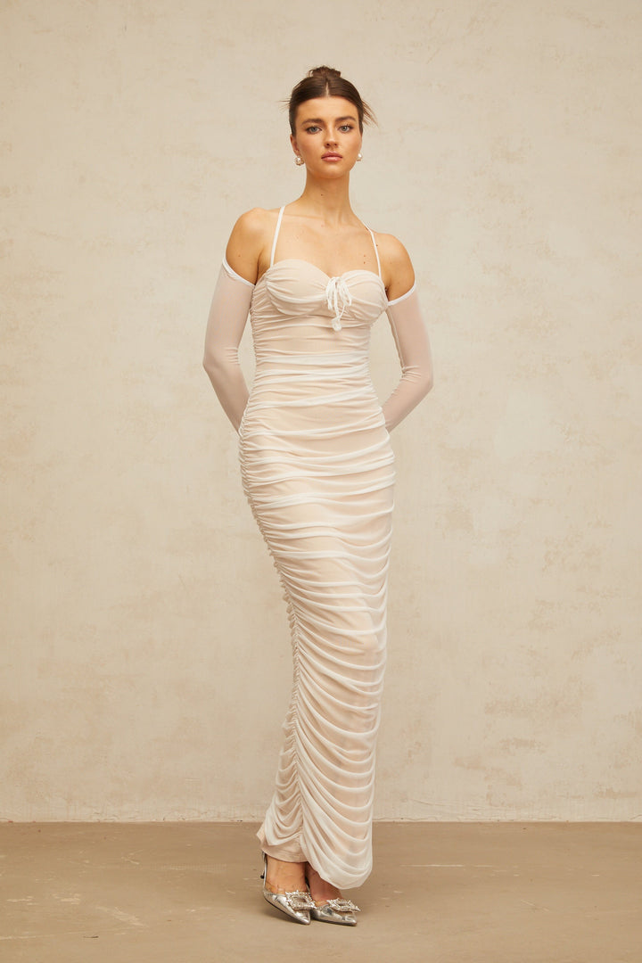Ulysse white ruched bustier tulle maxi dress - Celestia Couture