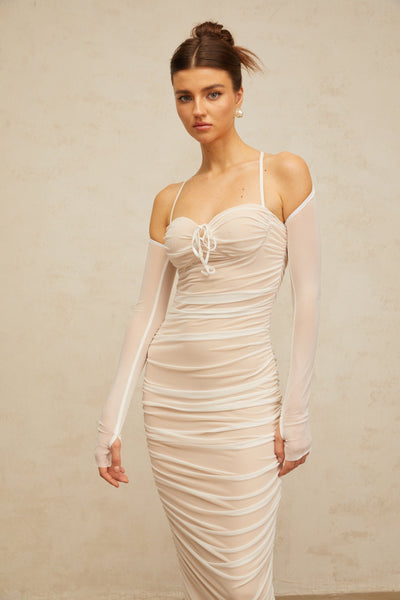 Ulysse white ruched bustier tulle maxi dress