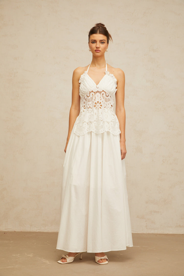 Bérénice white cut-out floral-embroidered shirred maxi dress - Celestia Couture