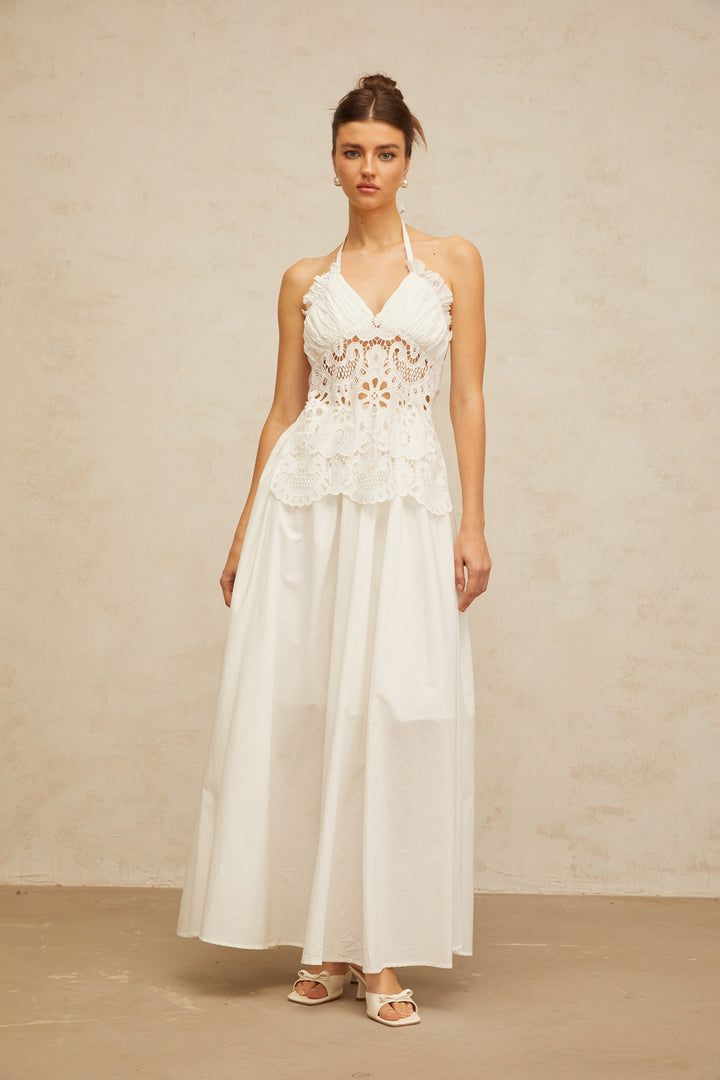 Bérénice white cut-out floral-embroidered shirred maxi dress - Celestia Couture