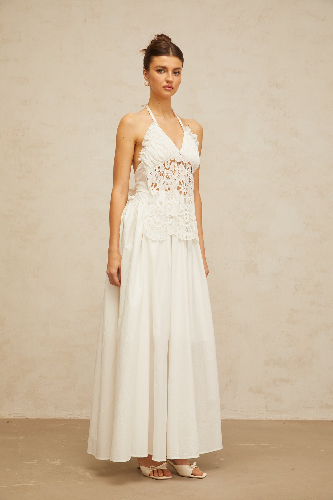 Bérénice white cut-out floral-embroidered shirred maxi dress - Celestia Couture