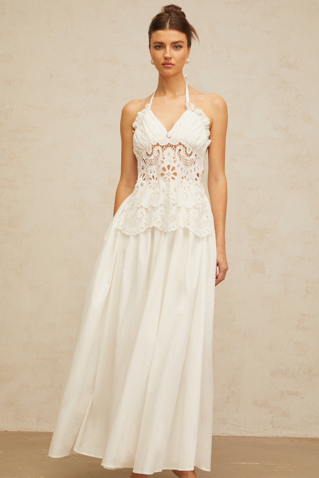 Bérénice white cut-out floral-embroidered shirred maxi dress - Celestia Couture