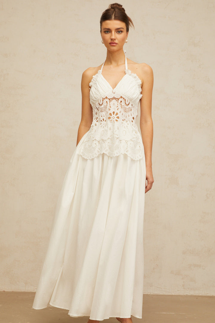 Bérénice white cut-out floral-embroidered shirred maxi dress - Celestia Couture