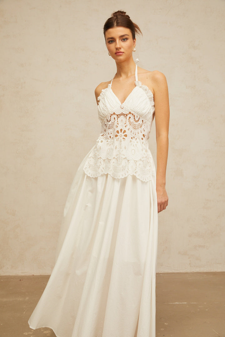 Bérénice white cut-out floral-embroidered shirred maxi dress - Celestia Couture
