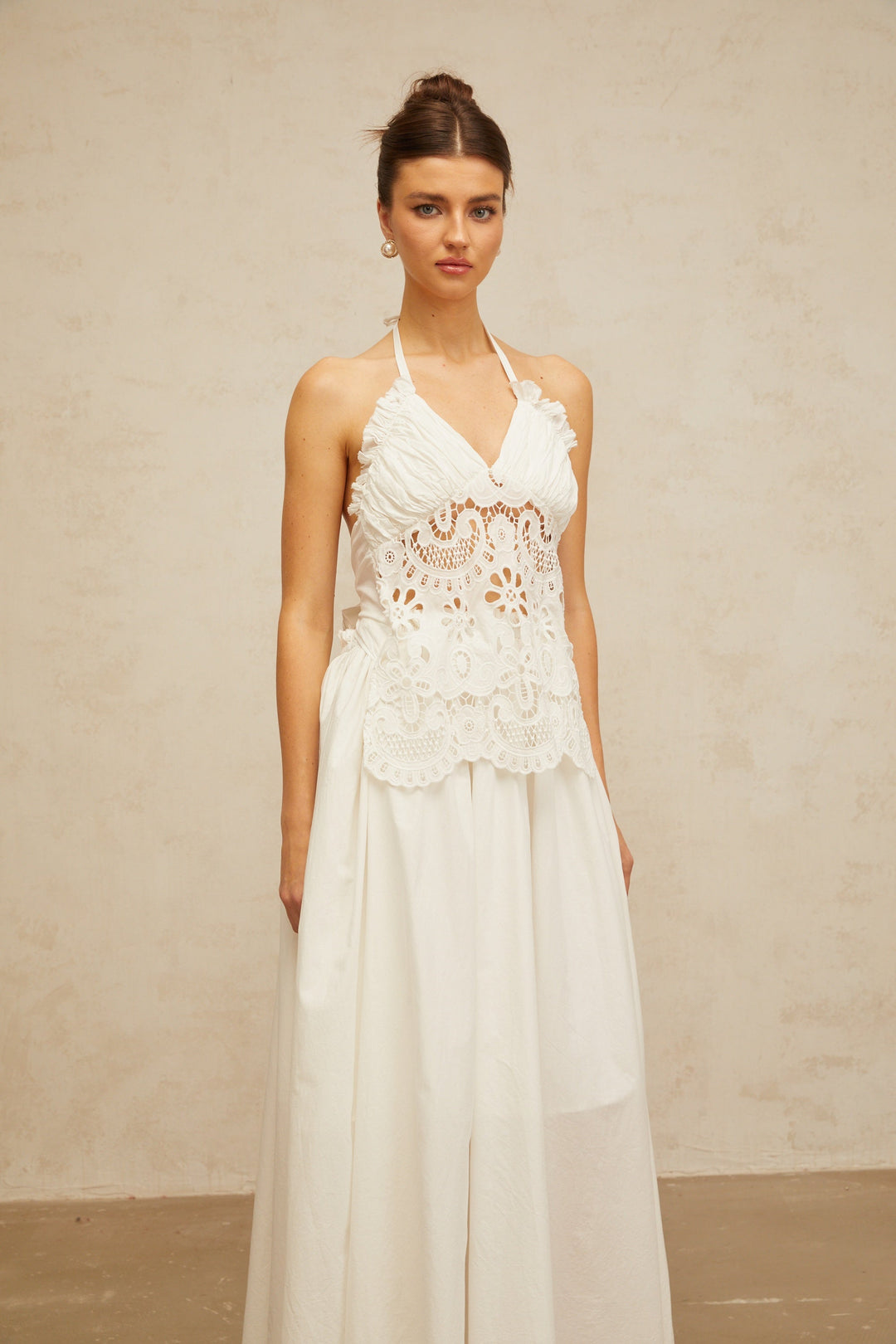 Bérénice white cut-out floral-embroidered shirred maxi dress - Celestia Couture