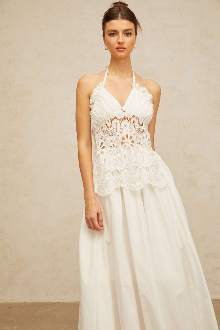 Bérénice white cut-out floral-embroidered shirred maxi dress - Celestia Couture