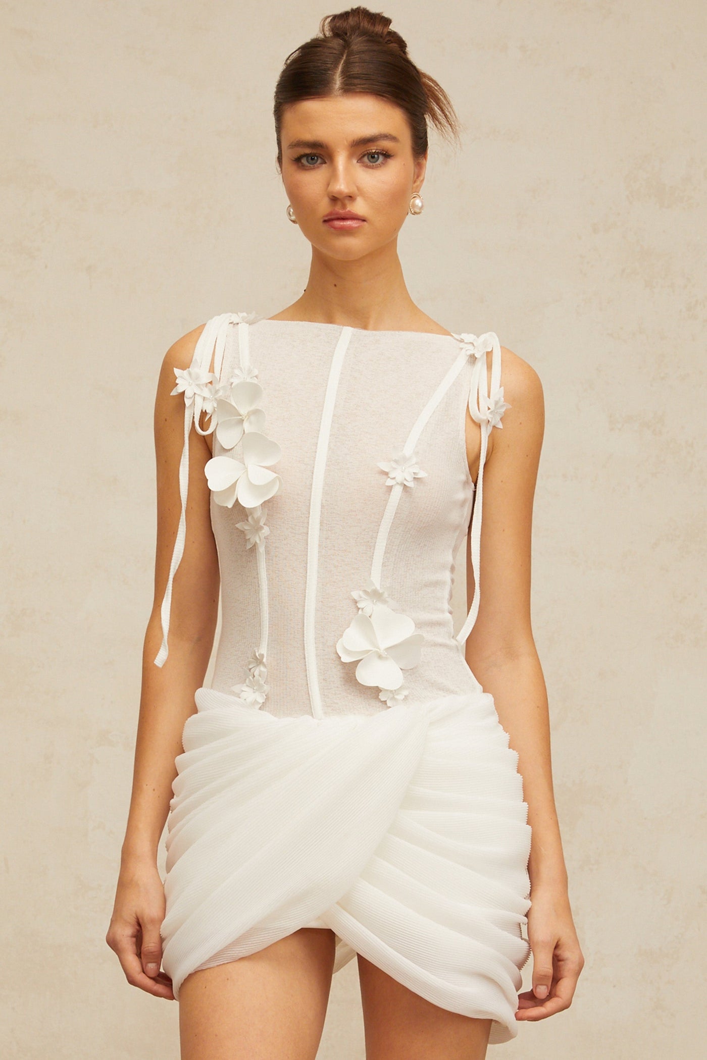 Romy white floral-appliqué ruched mini dress